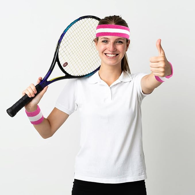 ONUPGO 5 Pieces Sweatbands Striped Socks Set Sports Headband Wristbands High Tube Socks 80s Accessories Costumes