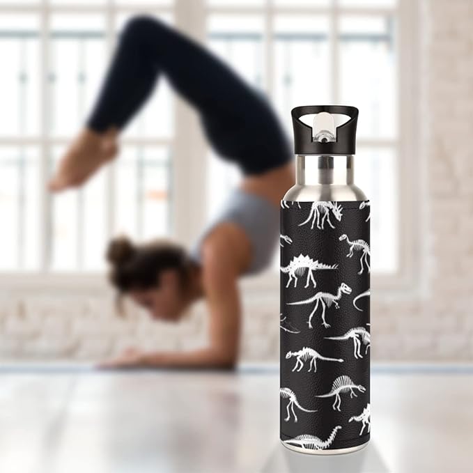 Insulated Stainless Steel Water Bottle with Straw 20oz Black Retro Dinosaur Bones Sports Water Bottles BPA Free Leakproof Metal Vacuum Flask Jug for Kids Gym Fitness