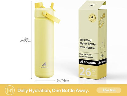 POWCAN 26 oz Insulated Water Bottle with 2-in-1 Straw and Spout Lid, Keep Cold 24H, Leak-Proof, Fits in Car Cup Holder, Stainless Steel Water Bottle for Sports, Travel, Gym, and School (Butter)