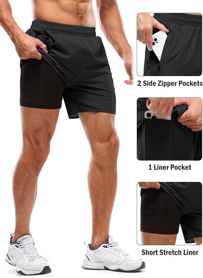 Aolesy Men's 2 in 1 Running Shorts 5" Workout Gym Athletic Shorts for Men Quick Dry Lightweight Training Shorts with Pockets