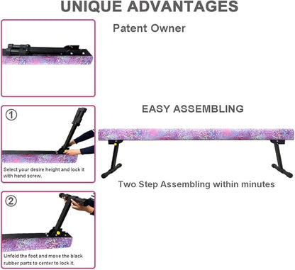 GLANT 8ft Ultrasimple Adjustable&Foldable Balance Beam,High-Low Floor Beam Suede Gymnastics Equipment,No Tool Require, Gymnastics Beam for Training&Professional HomeTraining