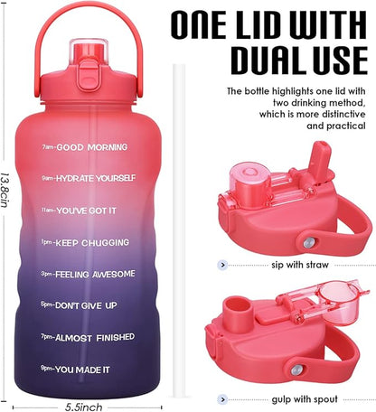 HydroPal 1 Gallon Water Bottles with Straw, 128 oz Water Bottle BPA Free Innovative 2-IN-1 Lid Gym Bottle with Times to Drink Motivational, Large for Sports Fitness Camping Water Jug （13.8X5.5 inch）