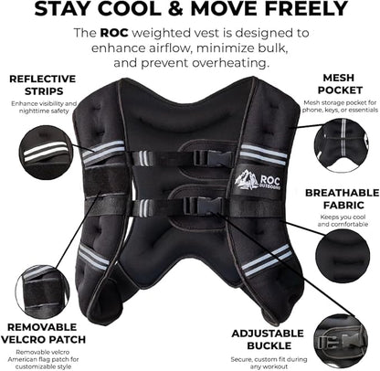 Roc Outdoors Weighted Vest W/ Rub-Free Technology for Woman and Men, 5lb/10lb/15lb/20lb/30lb Weight Vest with Reflective Stripe for Workout, Strength Training, Running, Walking, Fitness, Weight Training, Weight Loss, Weightlifting