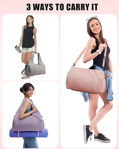 Gym Bag for Women with Shoe Compartment Yoga Mat Bag with Wet Pocket and Water Bottle Holder Weekender Bag with Strap