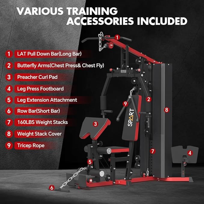 SPART Home Gym Station,Multifunctional Home Gym Workout Equipment,with 160LBS Weight Stack for Leg Press & Chest Fly, All in One Exercise Equipment Full Body Strength Training with Pulley System