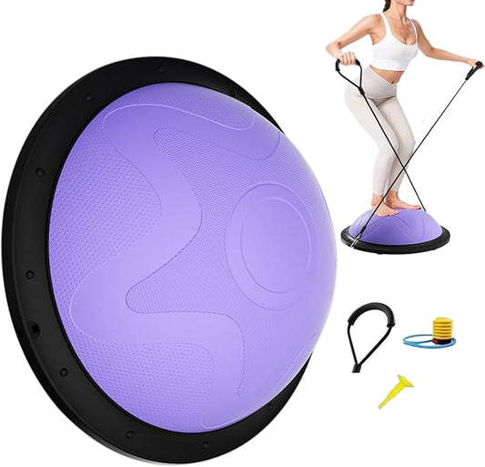 Half Balance Ball Trainer, Half Stability Training Equipment, Balance Strengthen Ball, 46x19cm, Core Muscle Training, Anti-Slip, Foldable Design, with Elastic Cord and Air Pump for Women Yoga Gym