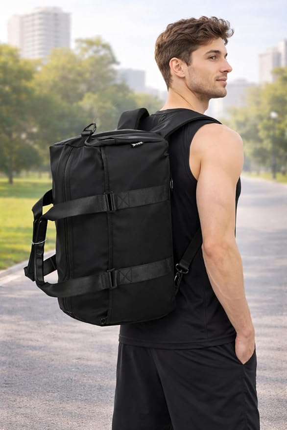 2-in-1 Gym Duffle Bag Backpack for Men & Women, Convertible Sports Bag with Shoe Compartment, Water-Resistant Travel Workout Bag for Gym, Fitness, Weekender, Black (black)