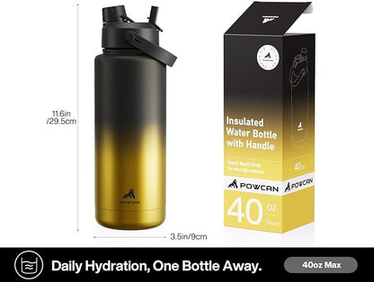 POWCAN 40 oz Insulated Water Bottle with 2-in-1 Straw and Spout Lid, Keep Cold 24H, Leak-Proof, BPA-Free, Double Wall Stainless Steel Water Bottle for Sports, Gym, Travel, Gift, and School (King)