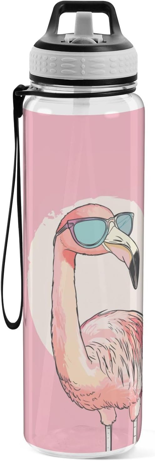 Fustylead Pink Flamingo Wearing Sunglasses 32 oz BPA-Free Water Bottle with Straw, Leak-Proof Sport Bottle for Fitness, Gym, Camping, Outdoor Sports
