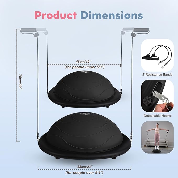 Half Balance Ball Trainer, Inflatable 19/23 Inch Half Exercise Ball with Resistance Bands and Pilates Ball, Non-Slip 660lbs Capacity Yoga Ball for Home Gym Full Body Workouts