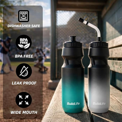 Hockey Water Bottle with Long Straw -32 OZ Squeeze Sports Lacrosse Water Bottles 2 Pack with 2 Lids Each(Straw and Squeeze),for Helmet Hockey,Boxing,BPA Free,Dishwash Safe(Black Blue+Black White)