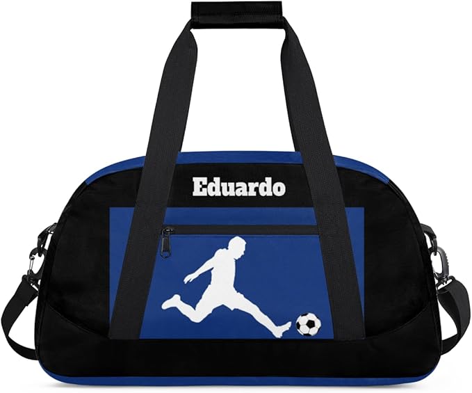 Custom Sports Gym Football Duffel Bag for Boys, Personalized Gym Bag Sports Travel Bag Tote Training Carry On Weekend Sports Travel Bag, Playing Soccer Blue and Black Background