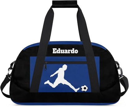Custom Sports Gym Football Duffel Bag for Boys, Personalized Gym Bag Sports Travel Bag Tote Training Carry On Weekend Sports Travel Bag, Playing Soccer Blue and Black Background