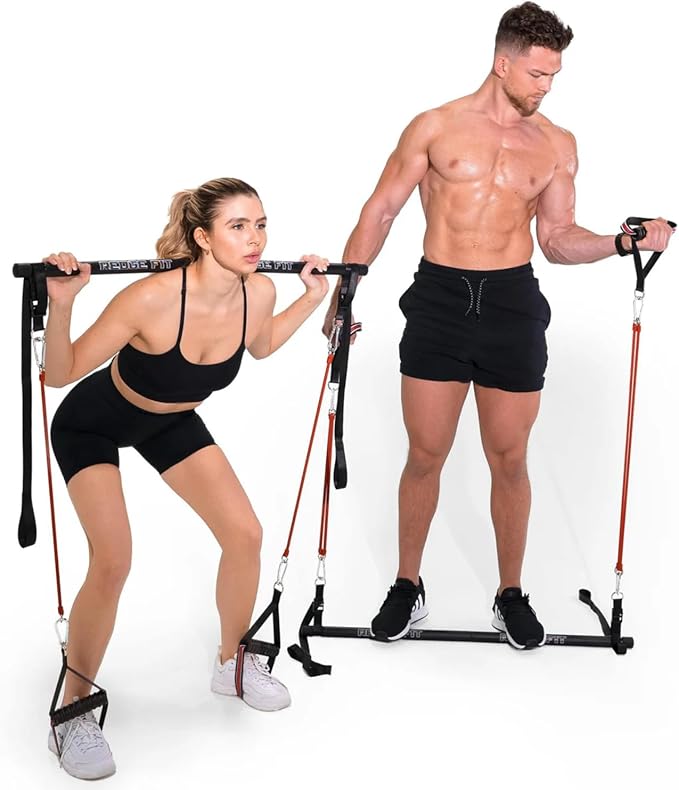 Redge Fit™ Complete Portable Full Body Home Gym Park Workout Set I Resistance Bands for Beginners to Elite Athletes I Pilates bar kit I Train Insane (Improved Quality)