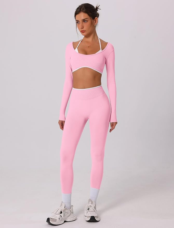 ABOCIW Workout Sets for Women Long Sleeve Crop Top Scrunch Butt Lifting High Waist Leggings 2 Piece Gym Yoga Outfits