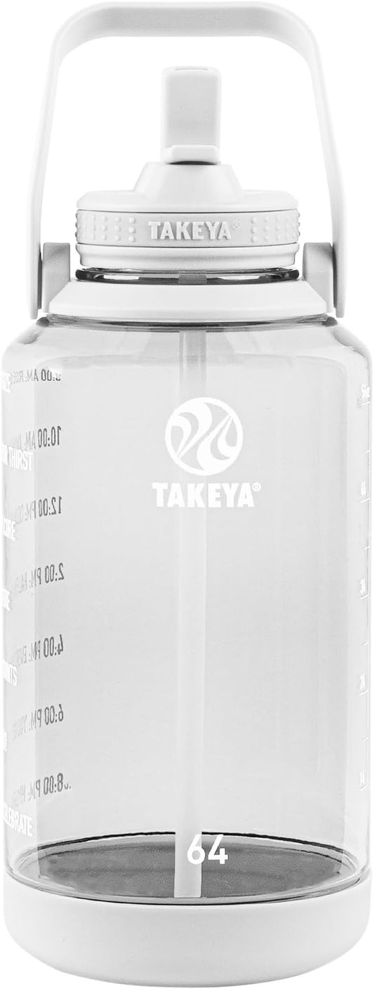 Takeya Tritan 64 oz Motivational Water Bottle with Straw Lid - Durable, BPA-Free - With Time Marker - Leakproof & Non-Slip Bumper - Cloud White