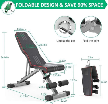 Adjustable Weight Bench for Bench Press, Heavy Duty Stable Workout Bench Foldable Weight Benches for Home Gym, Incline/Decline 90 Degree Bench Exercise Bench