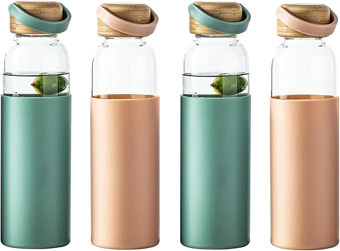 21oz Borosilicate Glass Water Bottle with Non-Slip Sleeve & Leak-Proof Lid-Reusable Drink Bottle for Office,Travel,Gym,Hiking-Ideal Gift for Home,Car & Fitness Enthusiasts (2*Pink+2*Green)