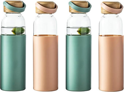 21oz Borosilicate Glass Water Bottle with Non-Slip Sleeve & Leak-Proof Lid-Reusable Drink Bottle for Office,Travel,Gym,Hiking-Ideal Gift for Home,Car & Fitness Enthusiasts (2*Pink+2*Green)