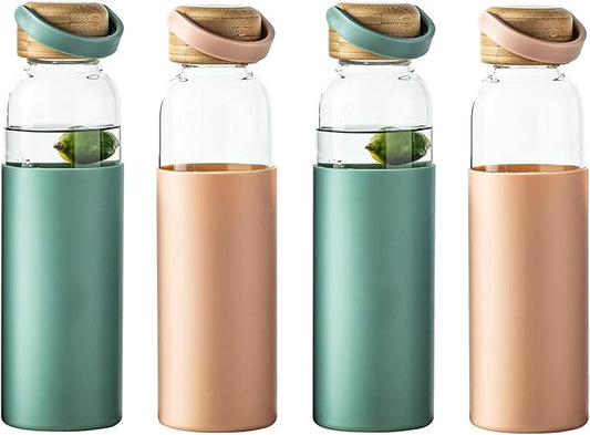 21oz Borosilicate Glass Water Bottle with Non-Slip Sleeve & Leak-Proof Lid-Reusable Drink Bottle for Office,Travel,Gym,Hiking-Ideal Gift for Home,Car & Fitness Enthusiasts (2*Pink+2*Green)