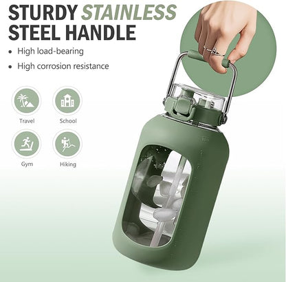 BLUEGO 100 oz Glass Water Bottle with Straw, Huge 3 Liter Water Bottle with Sturdy Handle, Glass Water Jug with Sleeve, Wide Mouth Water Container with Time Marker, Olive