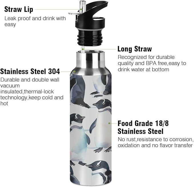 Penguin Ocean Polar Wildlife Water Bottle Vacuum Insulated Stainless Steel Mug Kids Water Bottle with Straw and Handle Keep Hot Cold Sport Bike Fit Travel Outdoor 20 oz