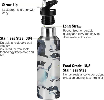 Penguin Ocean Polar Wildlife Water Bottle Vacuum Insulated Stainless Steel Mug Kids Water Bottle with Straw and Handle Keep Hot Cold Sport Bike Fit Travel Outdoor 20 oz