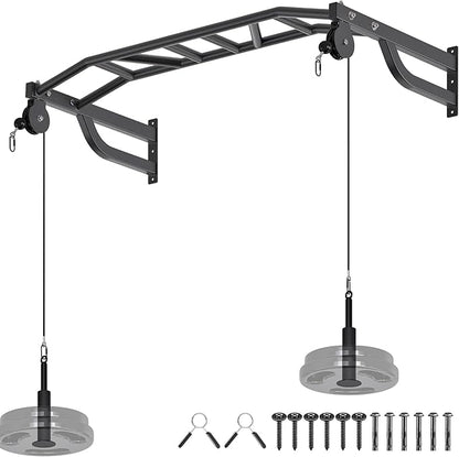 SELEWARE 48'' Heavy Duty Pull Up Bar Wall Mount Multi-function Chin up Bar with Home Gym Cable Pulley System LAT Pulldown Workout Attachments Heavy Bag Hanger