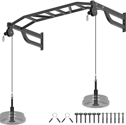 SELEWARE 48'' Heavy Duty Pull Up Bar Wall Mount Multi-function Chin up Bar with Home Gym Cable Pulley System LAT Pulldown Workout Attachments Heavy Bag Hanger