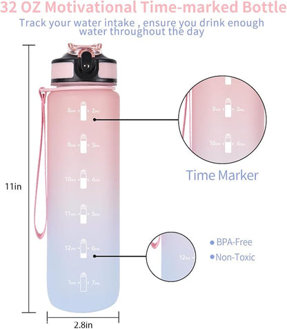 EYQ 32 oz Water Bottle with Time Marker, Carry Strap, Leak-Proof Tritan BPA-Free, Ensure You Drink Enough Water for Fitness, Gym, Camping, Outdoor Sports