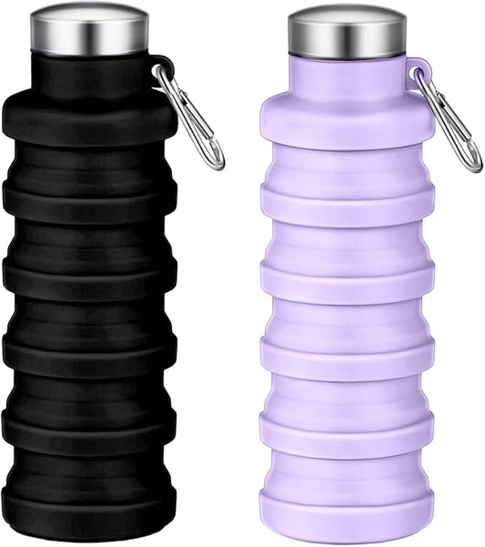 Collapsible Water Bottles,16oz Capacity Portable Reusable Silicone Water Bottle,Leak-proof,with buckle,foldable storage,Lightweight Durable for Fitness,Cycling,Sports,Camping,Hiking (Black+Purple)