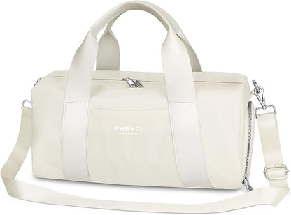 Sports Small Gym Bag for Women, Cute Mini Duffle Bag with Wet Pocket & Shoes Compartment, Personal Item Travel Workout Bag, 16"-Small, Beige