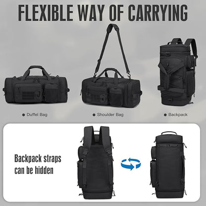 3 in 1 Tactical Gym Bag Backpack for Men 40-45L Expandable Travel Duffle Bag for Women Large Military Sport Duffel Bags Weekend Overnight with Shoe Compartment & Wet Pocket for Fitness, Black