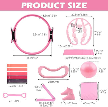 Pilates Essentials Kit for Women, 14 Pcs Home Workout Equipment with Pilates Circle Ball Ring Set Resistance Bands and Anti Slip Sock, Yoga Pilate Essentials Accessories