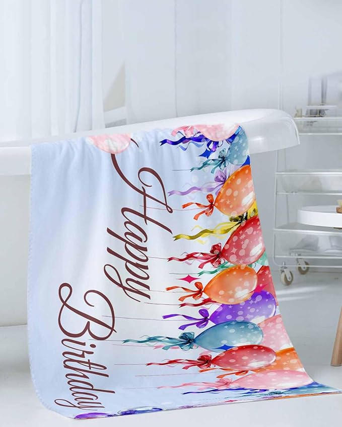 Happy Birthday Bath Towels Set of 3 for Bathroom,Soft Absorbent Shower Beach Hand Face Hair Yoga Workout Gym Towel Dish Wahcloth,Colorful Balloons Bow Gradient Modern Purple Quick Dry Bath Towels+Set
