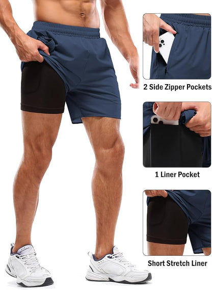 Aolesy Men's 2 in 1 Running Shorts 5" Workout Gym Athletic Shorts for Men Quick Dry Lightweight Training Shorts with Pockets