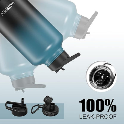 64oz Insulated Water Bottle (Cold for 48 Hrs),BPA Free&Leak Proof,Half Gallon Stainless Steel Water Flask,Water Jug with Straw Spout Lids for Gym,Hiking,Camping,Black Blue