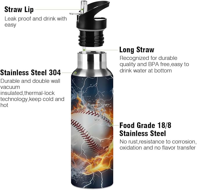 Baseball Vacuum Insulated Water Bottle Stainless Steel Kids Sport Mug with Straw Lid Wide Mouth Leakproof BPA Free for Bike Running Walking Outdoor 20 Oz