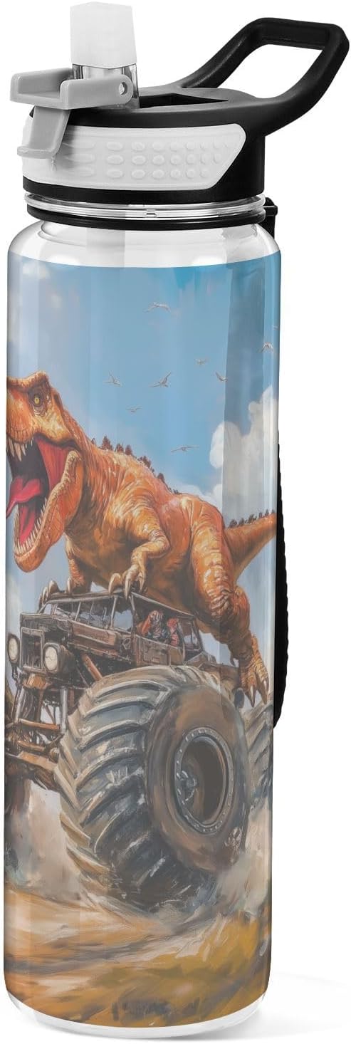 Fustylead T-rex Riding Monster Truck Tritan Water Bottle with Straw and Lids, 32 oz Reusable BPA Free Sport Water Bottle for Gym Camping Hiking Travel