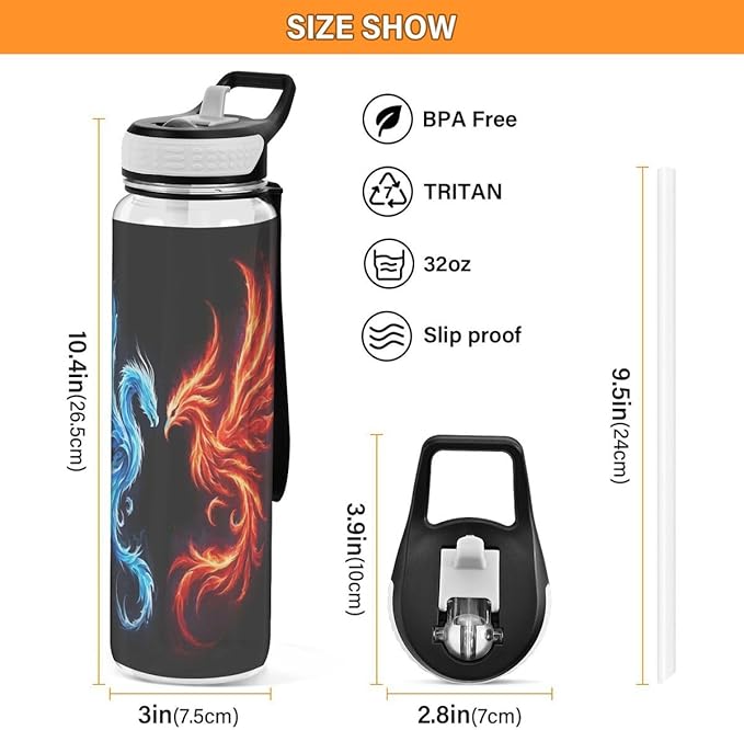 ALAZA Dragon Phoenix on Black Sports Water Bottle with Straw Tritan Drink Bottle 32 oz BPA Free Reusable for Travel Outdoor Fitness