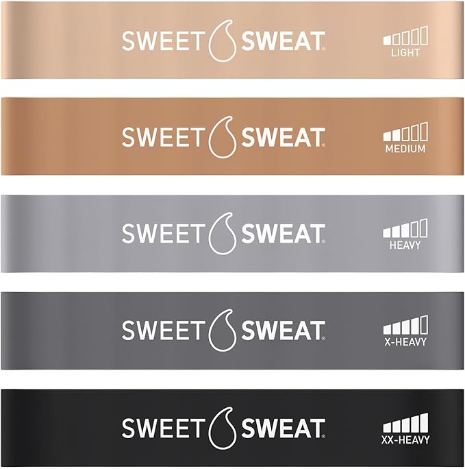 Sweet Sweat Mini Loop Resistance Bands - Set of 5 | Exercise Hip Booty Bands for Squats, Lunges, Physical Therapy, Yoga, Pilates, Rehab and Home Workout | Non-Latex Elastic Bands Includes Carry-Bag