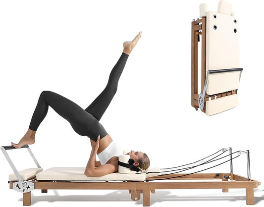 Foldable Pilates Reformer & Pilates Square Box Set–90% Pre-Assembled Home Gym Women Men Workouts Bundle, Dual Resistance System (Springs + Latex), Jumpboard & Adjustable Foot Bar for All Levels