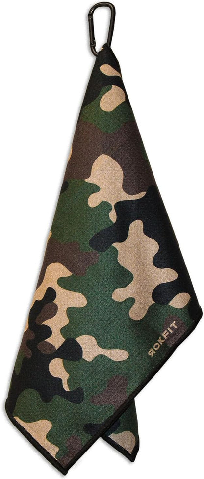 RokFit Gym & Golf Towel – Multi-Use, Quick-Dry, Durable Utility Towel with Bold Graphic and Carabiner Clip (Camo)