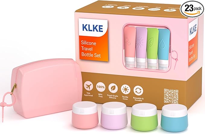 23-Piece All-in-One Silicone Travel Bottles Set – TSA Approved Leakproof Toiletry Kit with Double Bags, Flat Easy-Squeeze Bottles with Tactile Icons, Cream Jars, Pump & Spray, Cleaning Brush
