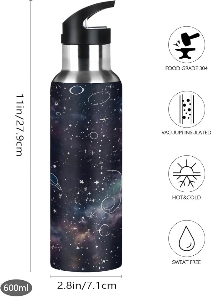AUUXVA Night Planet Constellation Galaxy Water Bottle Vacuum Insulated Stainless Steel Mug Kids Water Bottle with Straw and Handle Keep Hot Cold Sport Bike Fit Travel Outdoor 20 oz