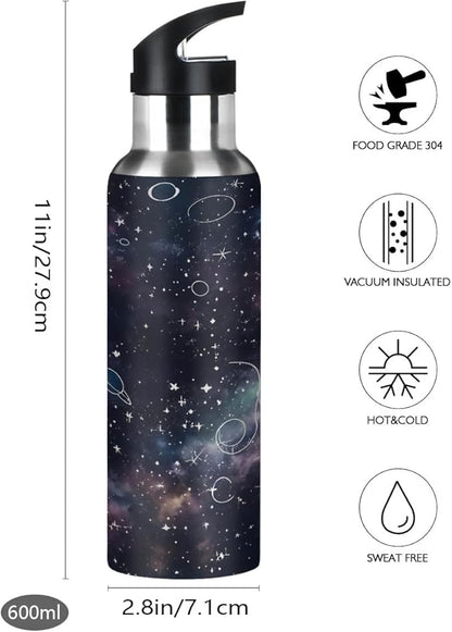 AUUXVA Night Planet Constellation Galaxy Water Bottle Vacuum Insulated Stainless Steel Mug Kids Water Bottle with Straw and Handle Keep Hot Cold Sport Bike Fit Travel Outdoor 20 oz
