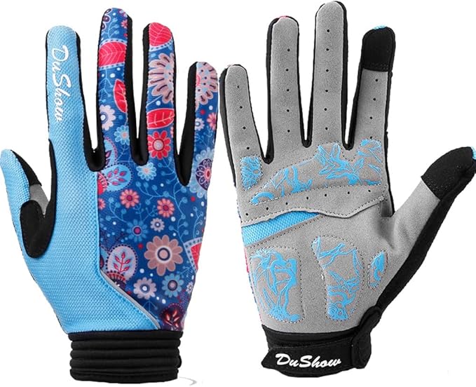 DuShow Bike Gloves for Women Cycling,Pink Floral Workout Gloves Women,Full Finger Biking Driving Riding Gloves for Women,Gel Padded Touch Screen Gym Gloves