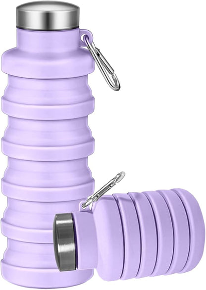 Collapsible Water Bottles,16oz Capacity Portable Reusable Silicone Water Bottle,Leak-proof,with buckle,foldable storage,Lightweight Durable for Fitness,Cycling,Sports,Camping,Hiking (Purple)
