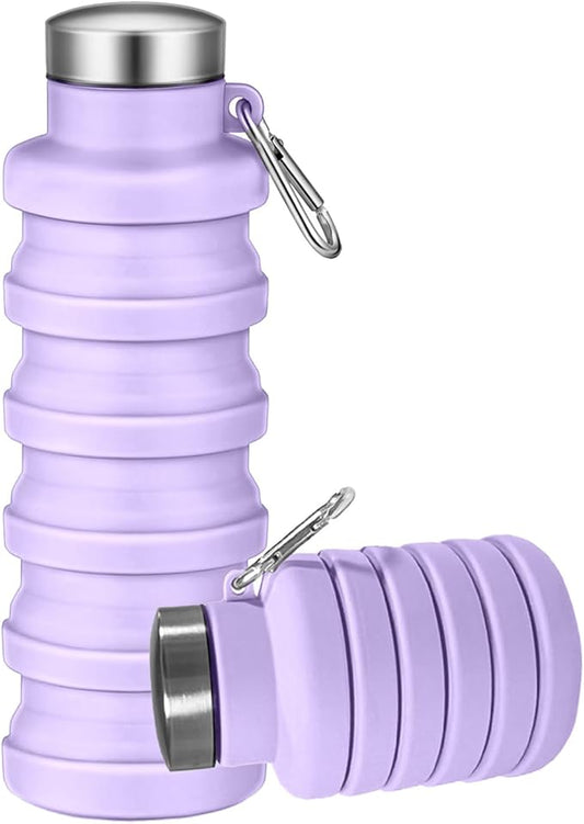 Collapsible Water Bottles,16oz Capacity Portable Reusable Silicone Water Bottle,Leak-proof,with buckle,foldable storage,Lightweight Durable for Fitness,Cycling,Sports,Camping,Hiking (Purple)