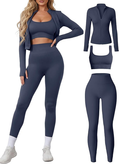 Women 3 Piece Seamless Workout Set Sports Bra High Waisted Gym Yoga Leggings Zip Up Jacket with Thumbhole Activewear
